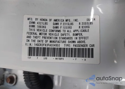 2015 Honda Accord Ex-L из США, поврежденный, VIN 1HGCR2F83FA004950